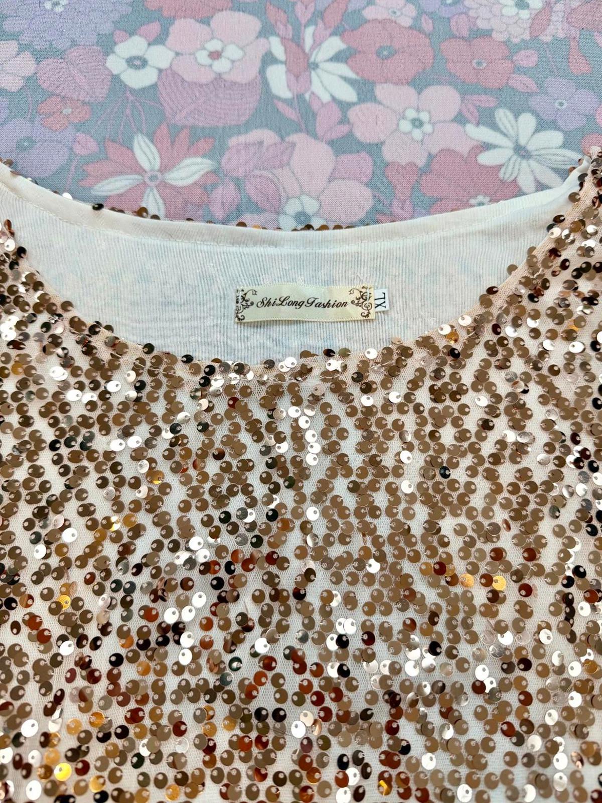 Gold Sequin Top Embellished Short Sleeve Party Festival T shirt Size 14 to 16