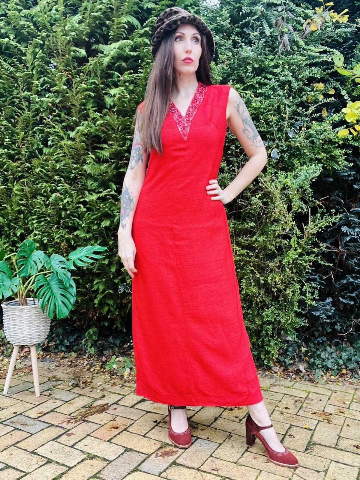Vintage 1970s Maxi Dress Beaded Embellished Long Retro 70s Dress Red Size 14