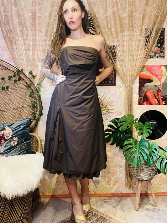 Vintage 1990s Prom Dress Strapless Cocktail Gown Brown Size 14