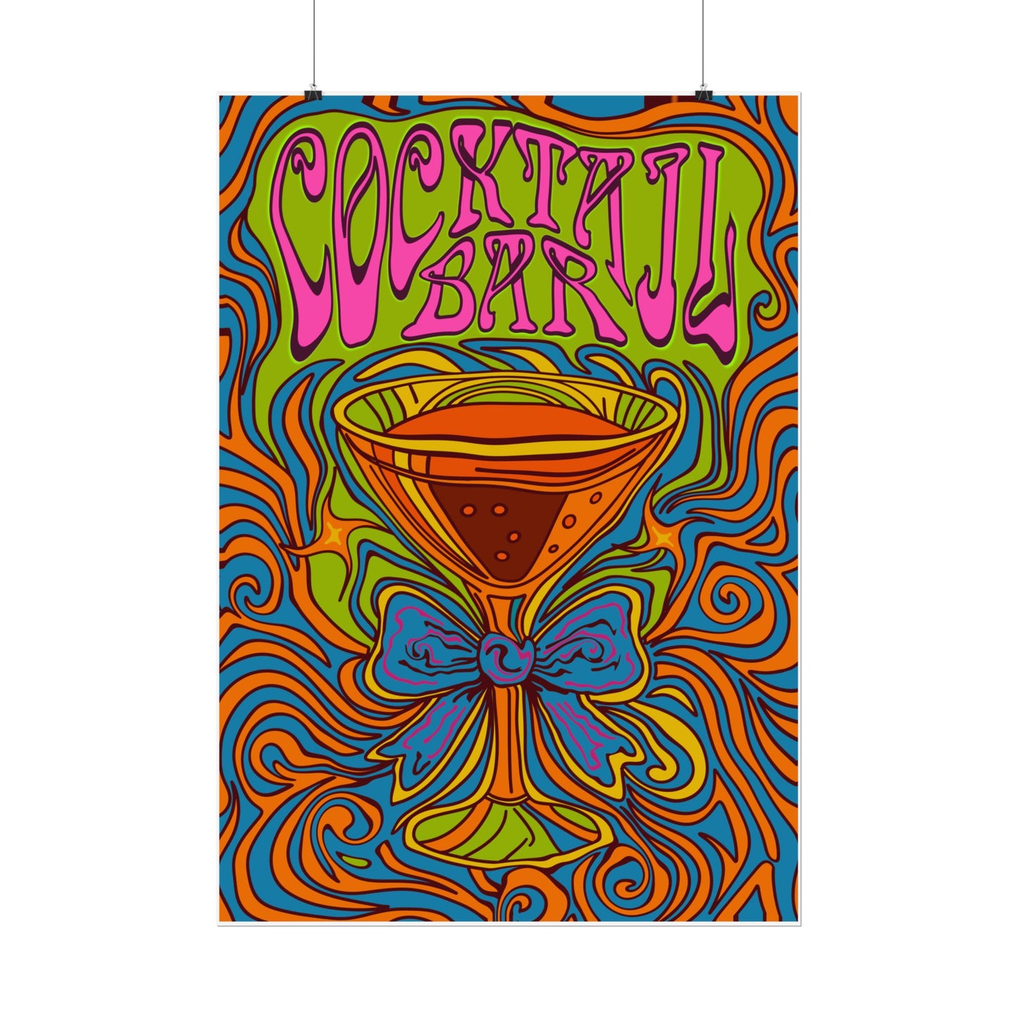 Cocktail Bar Poster, Colourful Retro Prosecco Wall Art, Psychedelic Alcohol Drinking Home Decor Print