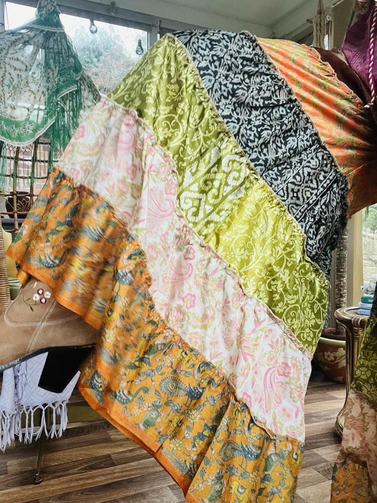 Wide Leg Trousers Vintage Patchwork Layered Sari Silk Hippie Boho Gypsy Pants M