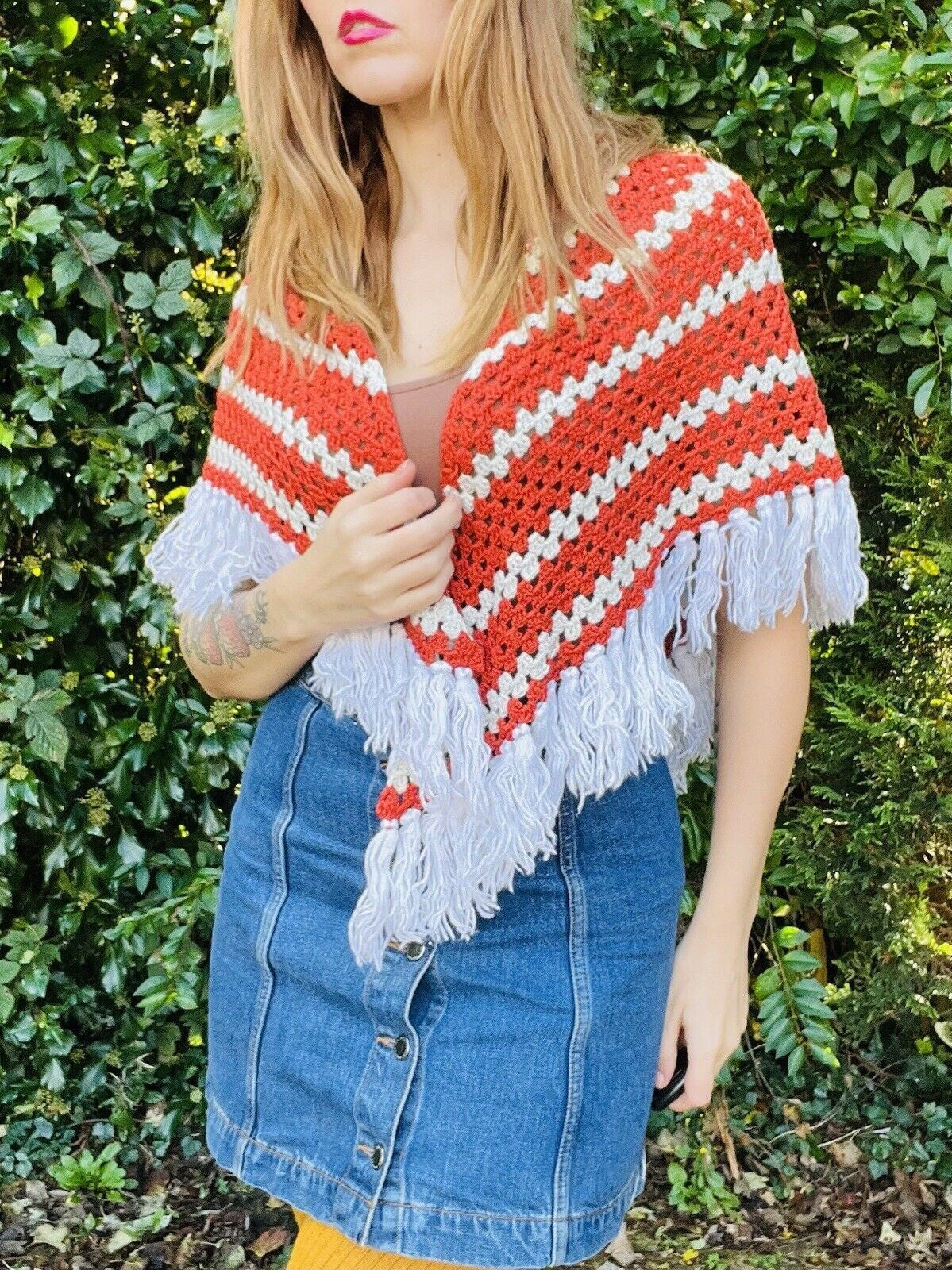 Vintage Knit Crochet Shawl Hippie Boho Triangle Wrap Cape Cottage Whimsy Scarf