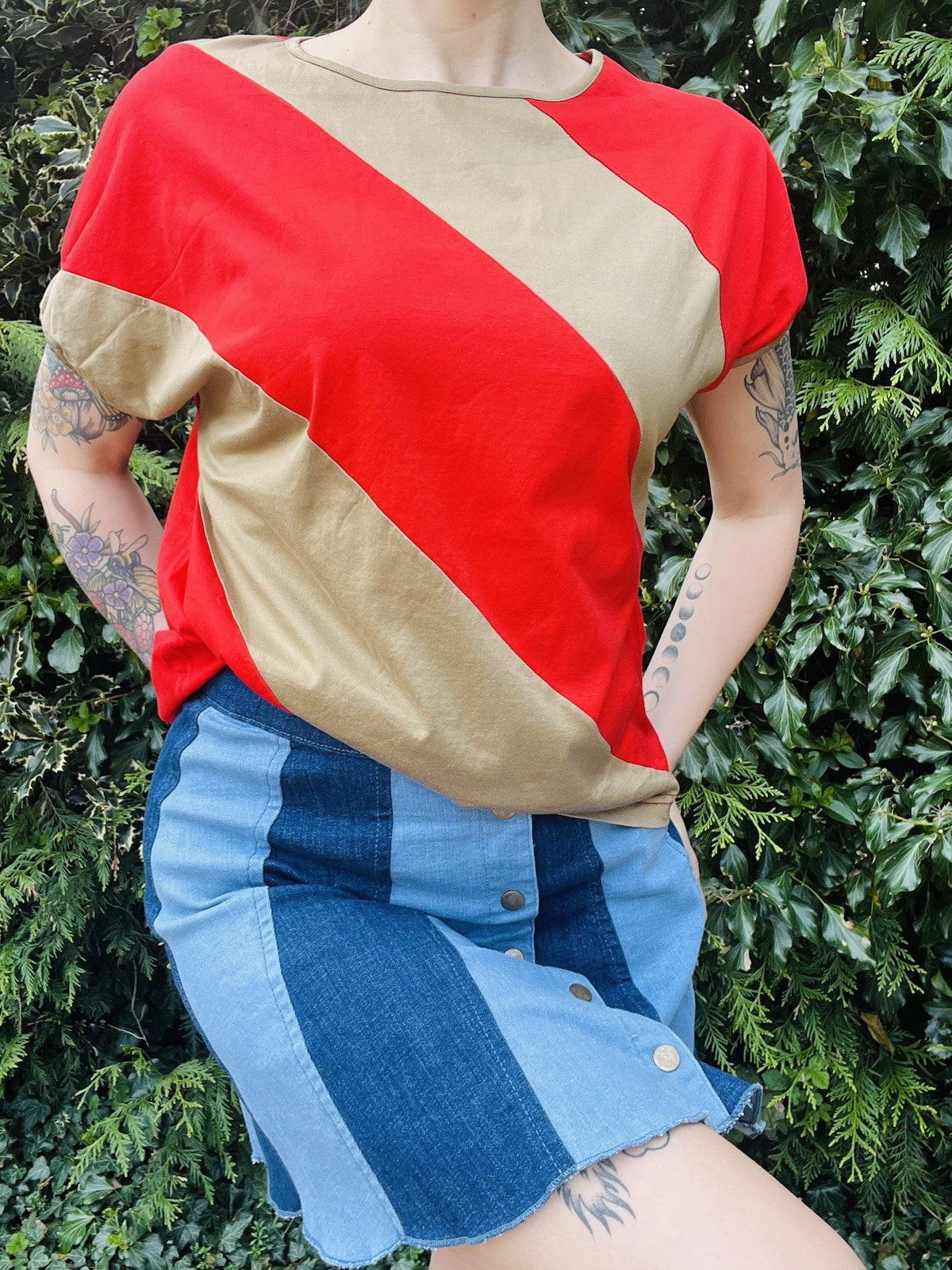 Vintage 1990s Striped T-shirt Bold Block Colour Red Beige Retro Top Size 16