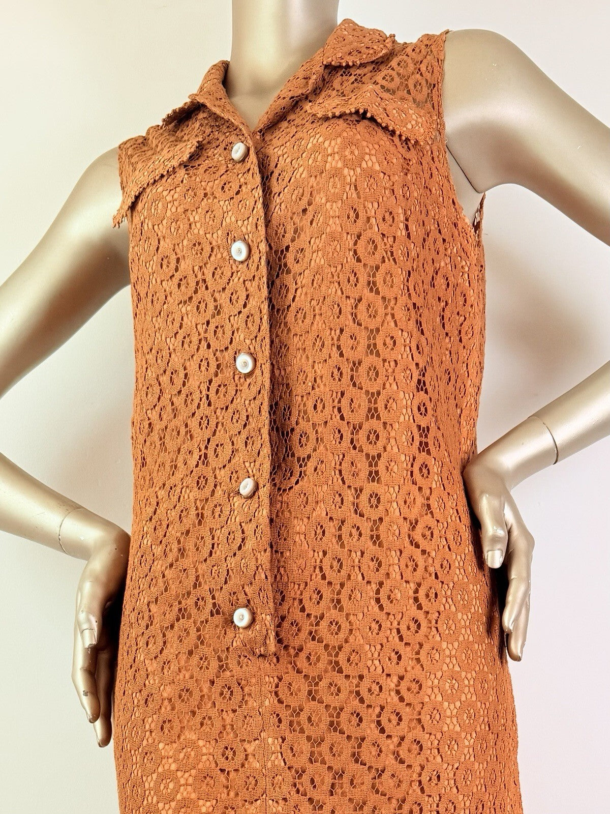 Vintage 1970s Shirt Dress Sleeveless Lace Lined Button Down Sheath Dress Size 8