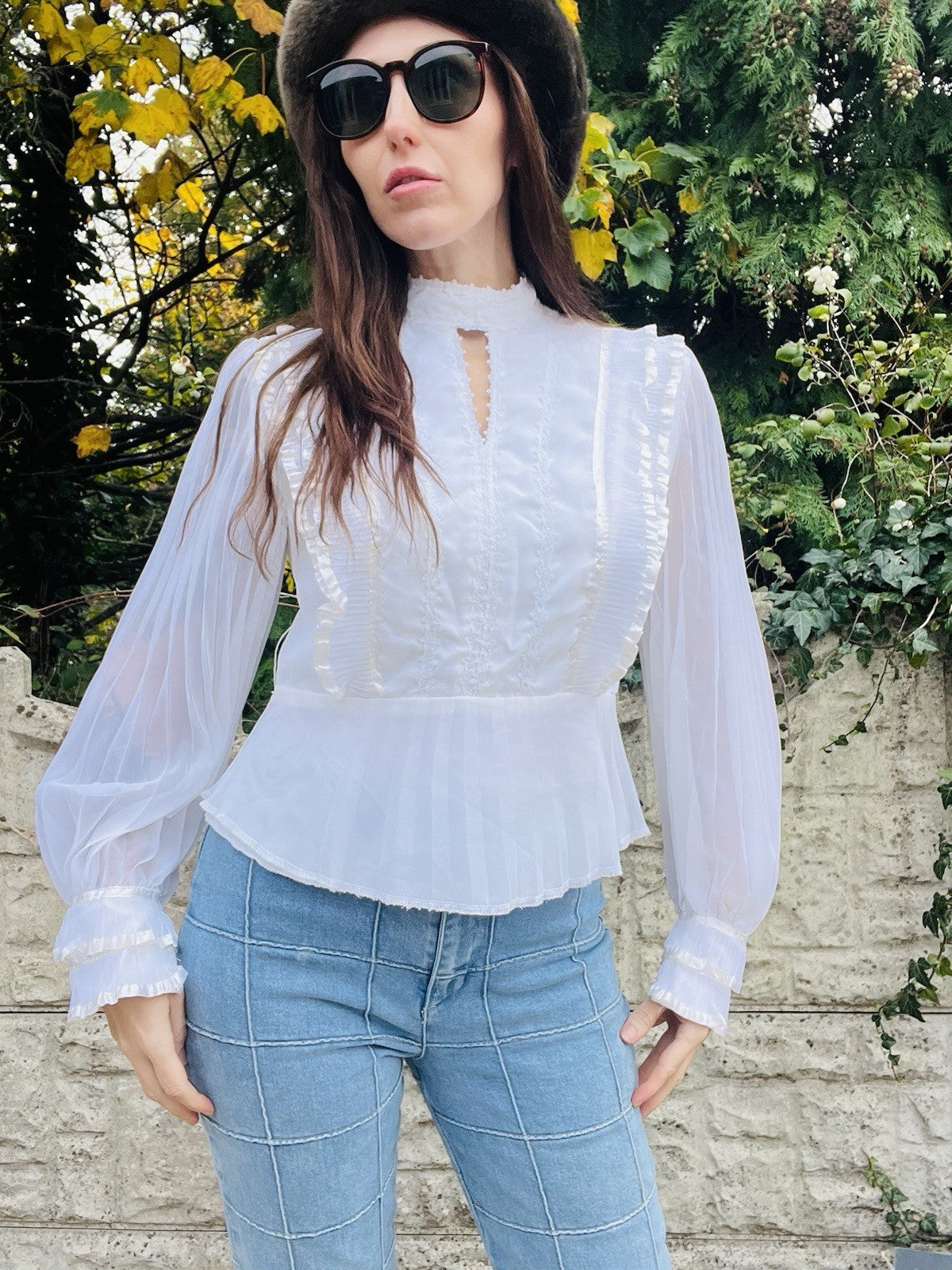 Vintage 1970s Frilly Blouse Size 12 White Balloon Sleeve High Neck Peplum Top