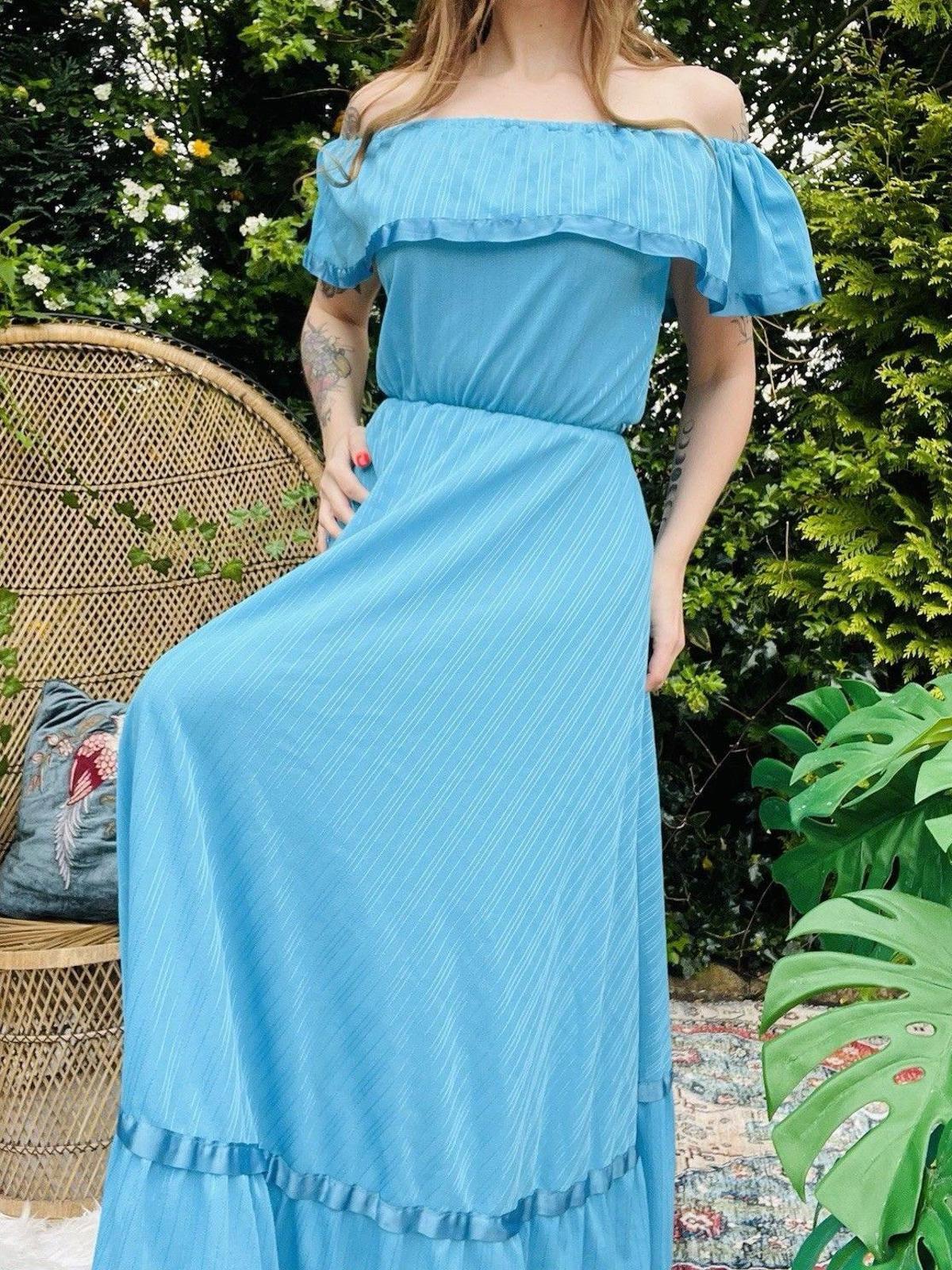 Vintage 1970s Maxi Dress By C&A Long Bardot Shoulder Layered Prairie Dress 8