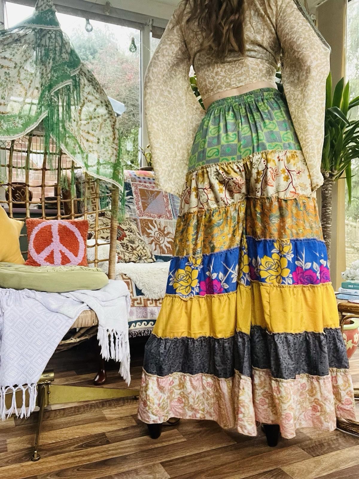 Wide Leg Trousers Vintage Patchwork Layered Sari Silk Hippie Boho Gypsy Pants M