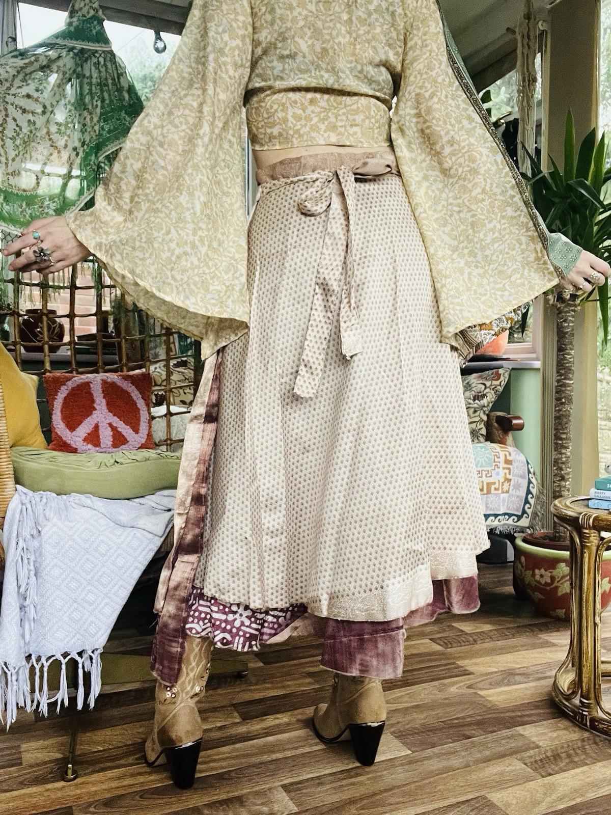 Layered Hippie Maxi Skirt Vintage Sari Silk Hippie Boho Long Gypsy Wrap Skirt