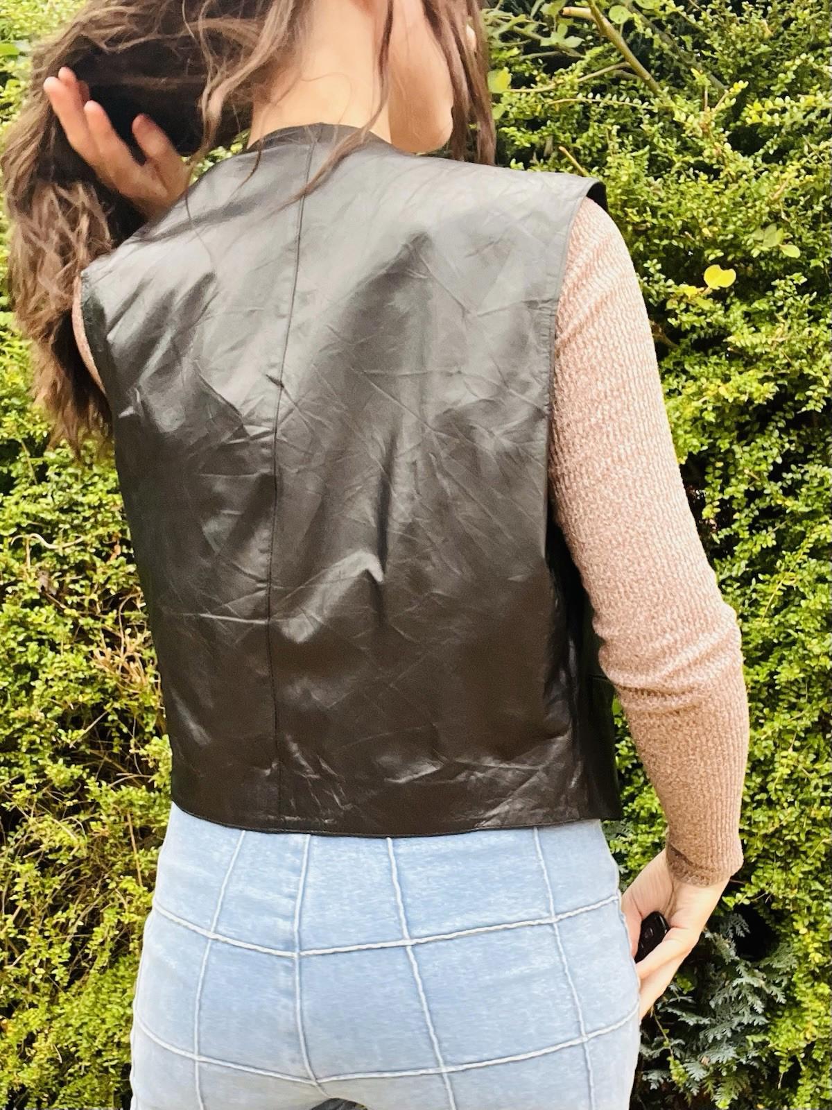 Vintage 1970s Leather Waistcoat Cropped Sleeveless Jacket Black 10 12