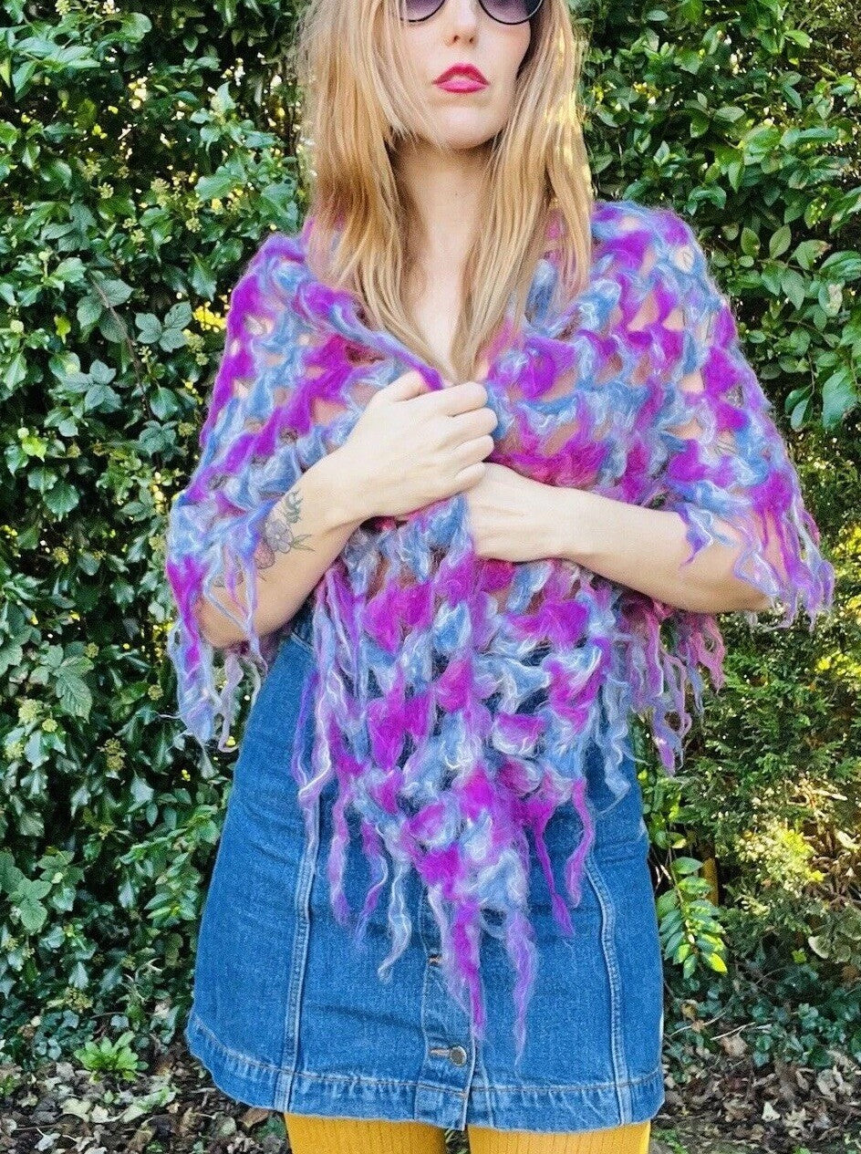 Vintage Boho Crochet Shawl Hippie Triangle Knit Wrap Cape Cottage Whimsy Scarf