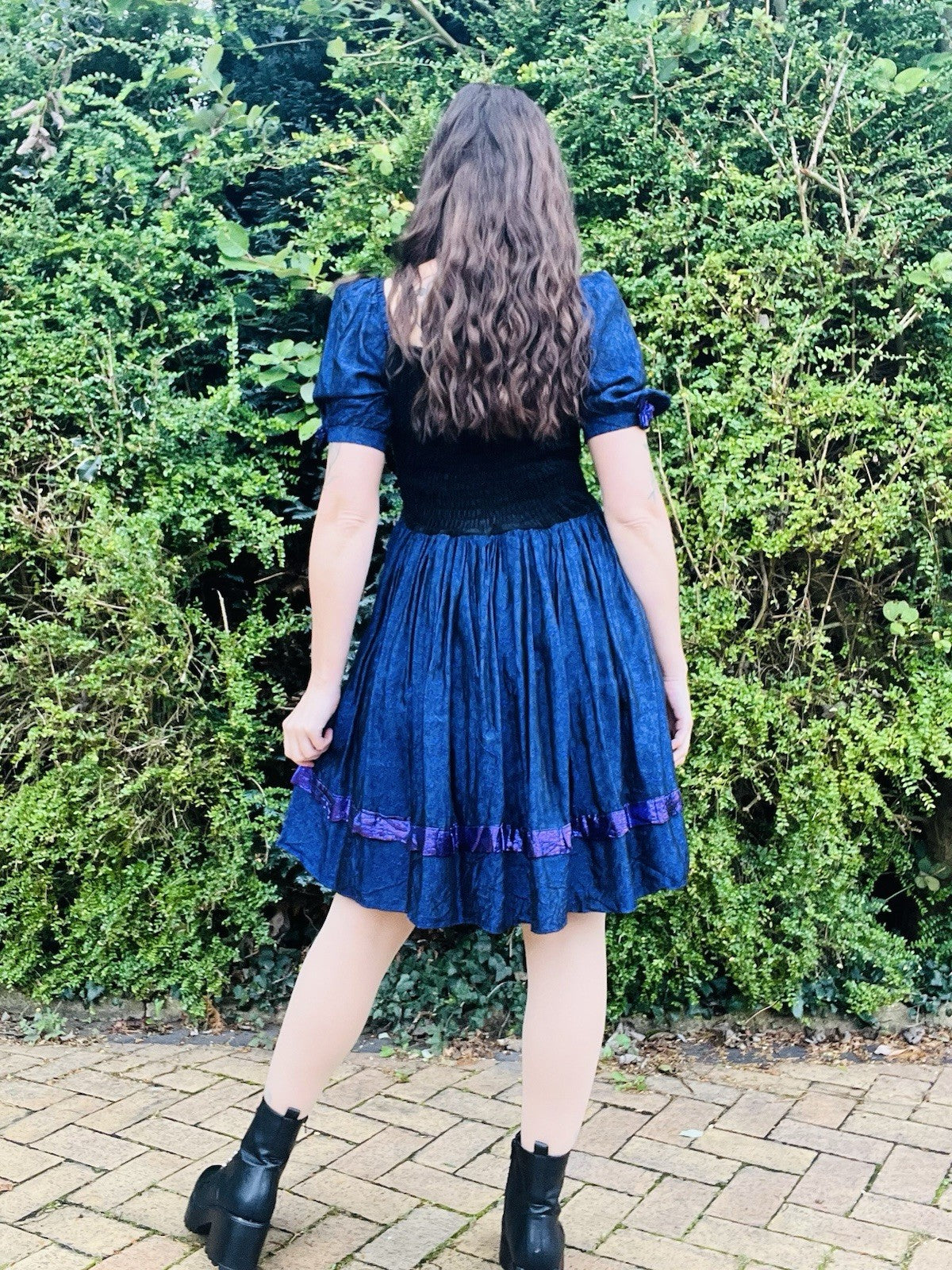 Vintage 1990s Frilly Dress, Velvet Bodice Cotton Skirts Puff Sleeves, Purple 6-8