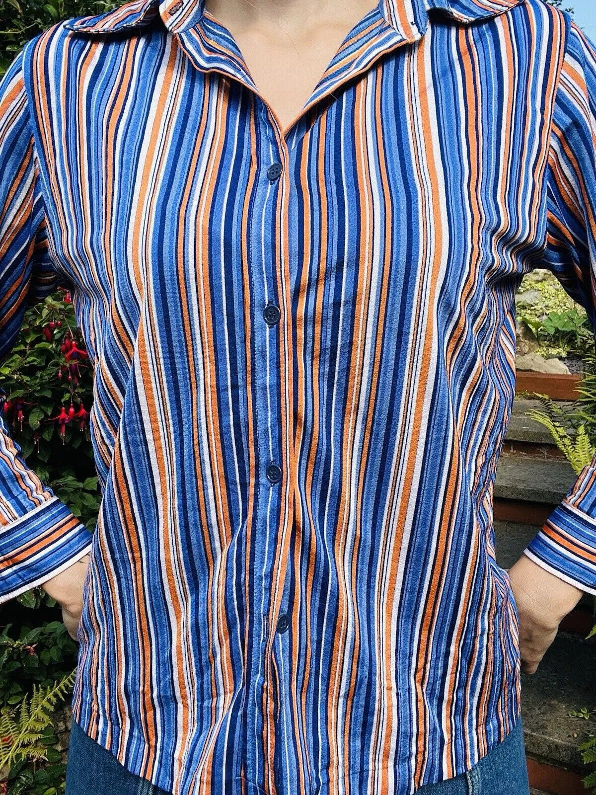 Vintage shirt Size 14 retro Striped blouse by Mireller blue orange