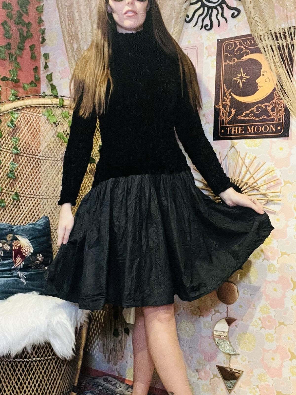 Vintage 80s Party Dress Black Size 10 Long Sleeves High Neck Velvet Retro 1980s