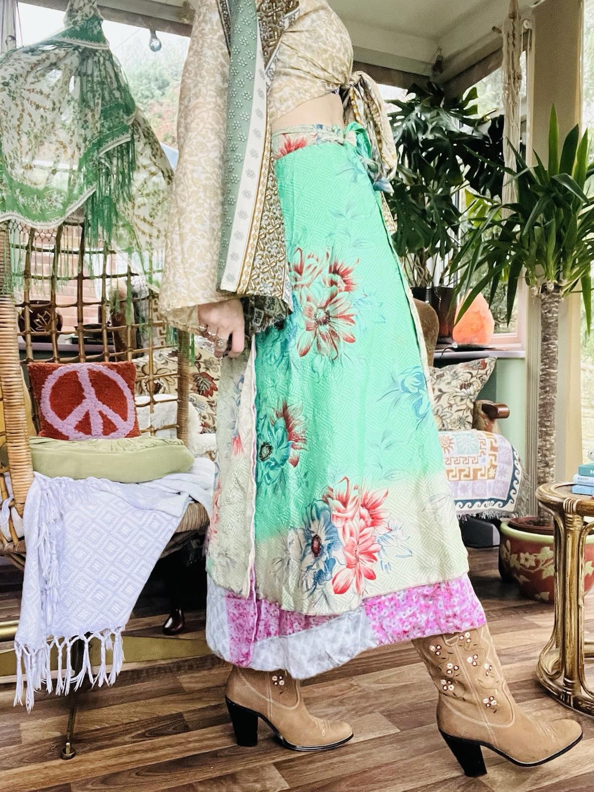 Layered Hippie Maxi Skirt Vintage Sari Silk Hippie Boho Long Gypsy Wrap Skirt
