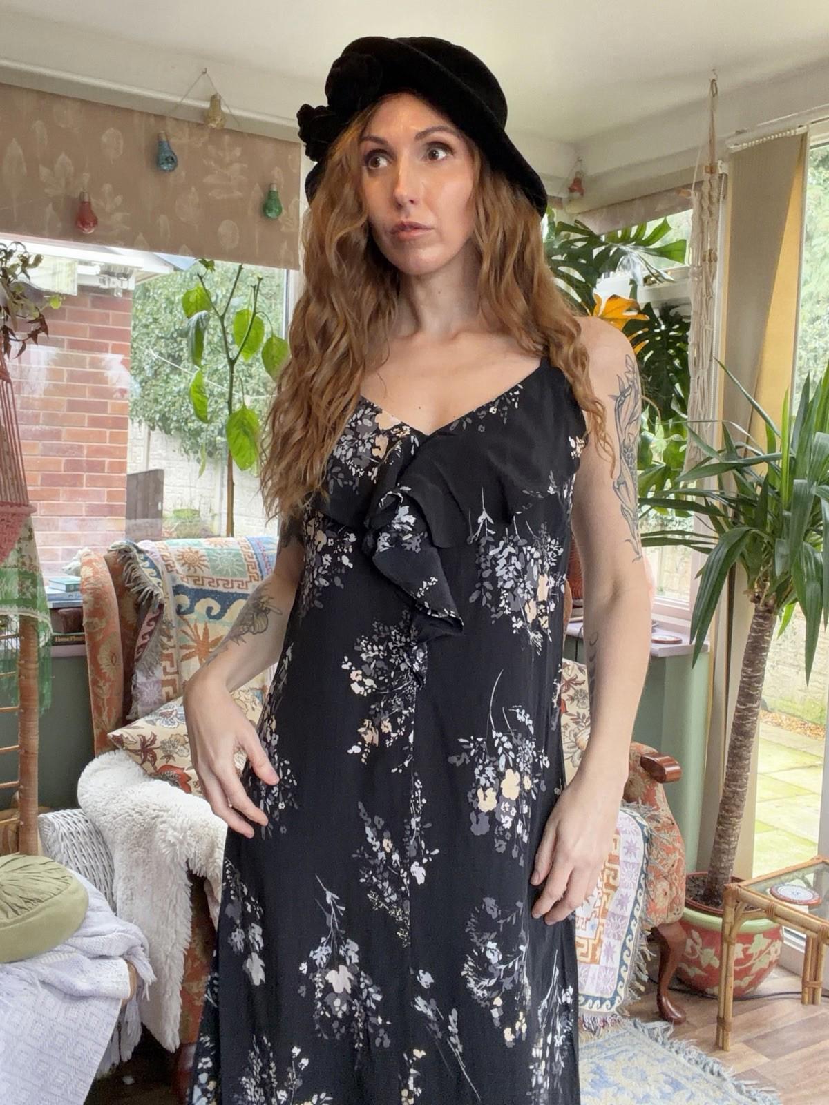 Vintage 1990s Whimsigoth Dress By Wallis Black Size 8 Long Maxi Floaty Summer