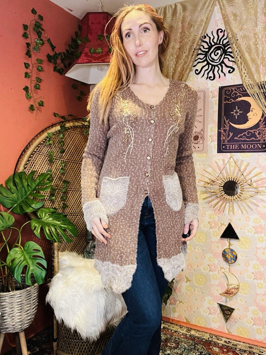 Vintage 1990s Cardigan By Oxford Fairy Cottage Core Long Sweater Jumper Beige M