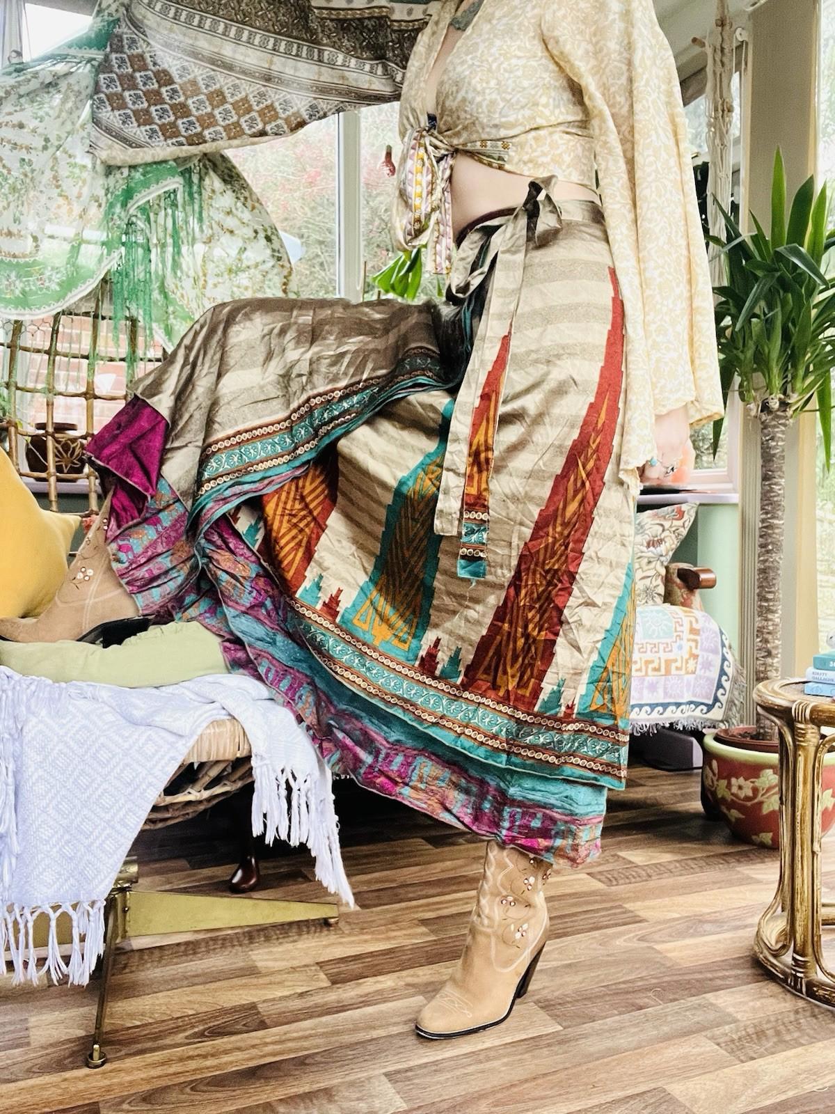 Layered Hippie Maxi Skirt Vintage Sari Silk Hippie Boho Long Gypsy Wrap Skirt