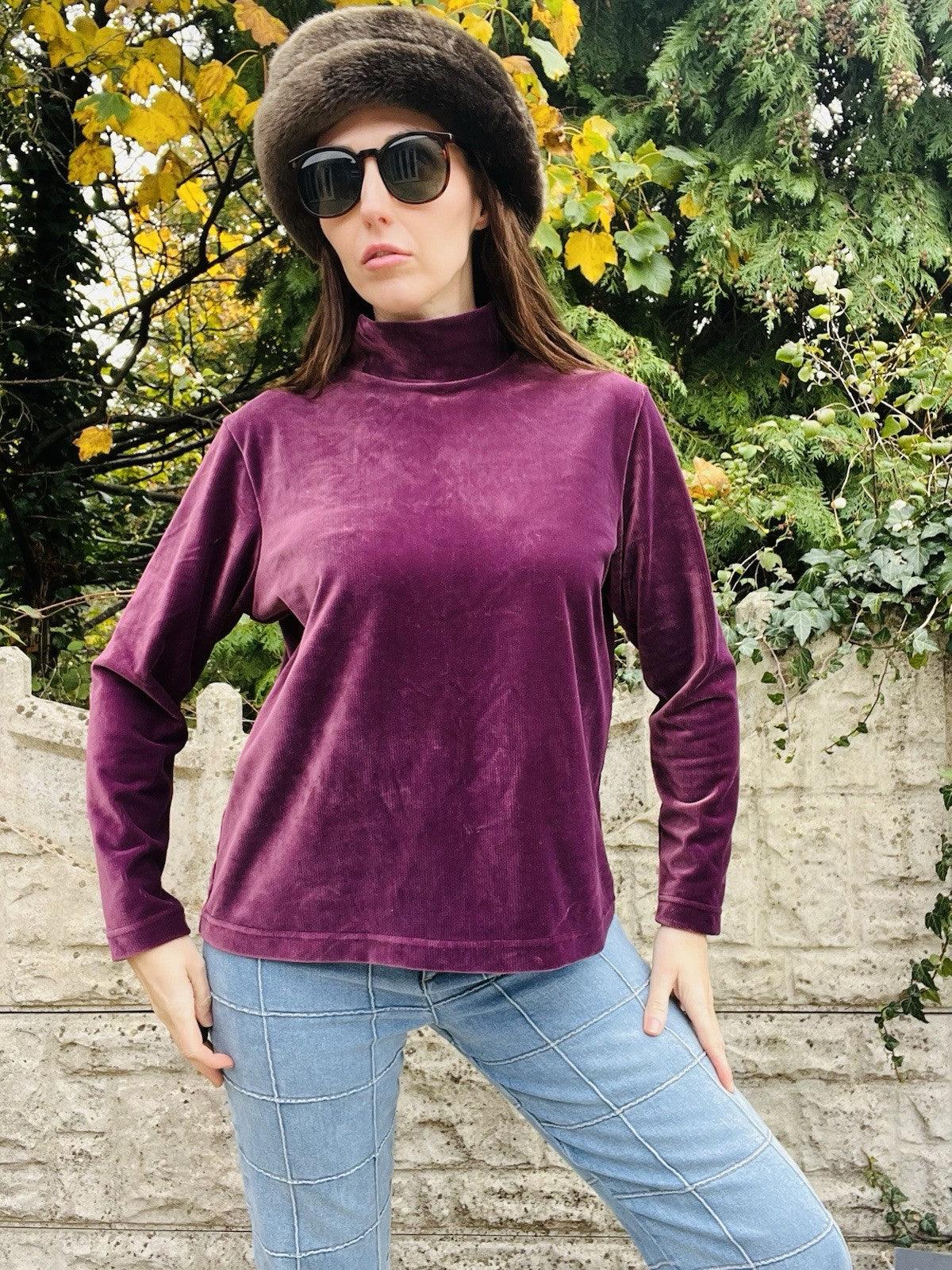 Vintage 1980s Velvet Top Purple Size 18 By Berkertex, Turtle Neck Ribbed Jumper