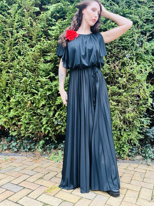 Vintage 1980s Maxi Dress, Long Pleated Skirt, Batwing Cape Sleeve Top, Black 10