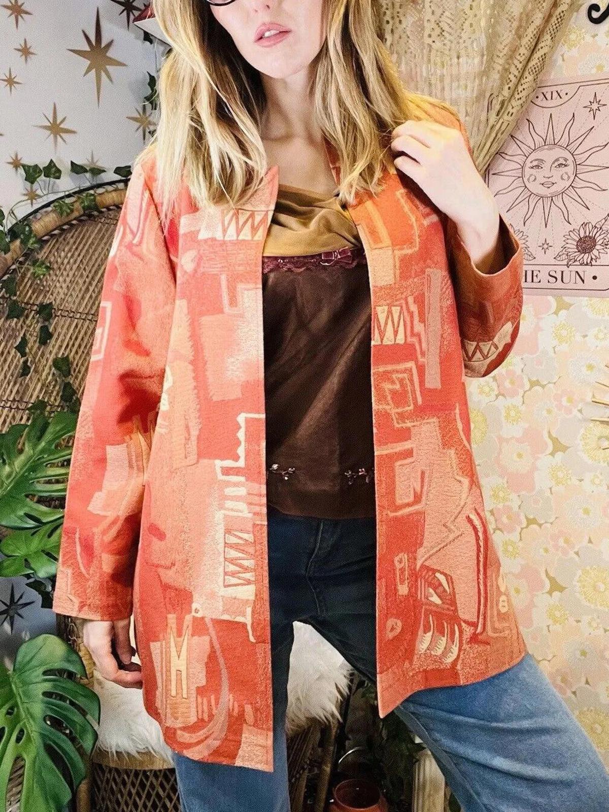 Vintage 1980 Jacket Abstract Bold Print Long Sleeve Round Neck Oversized Fit M
