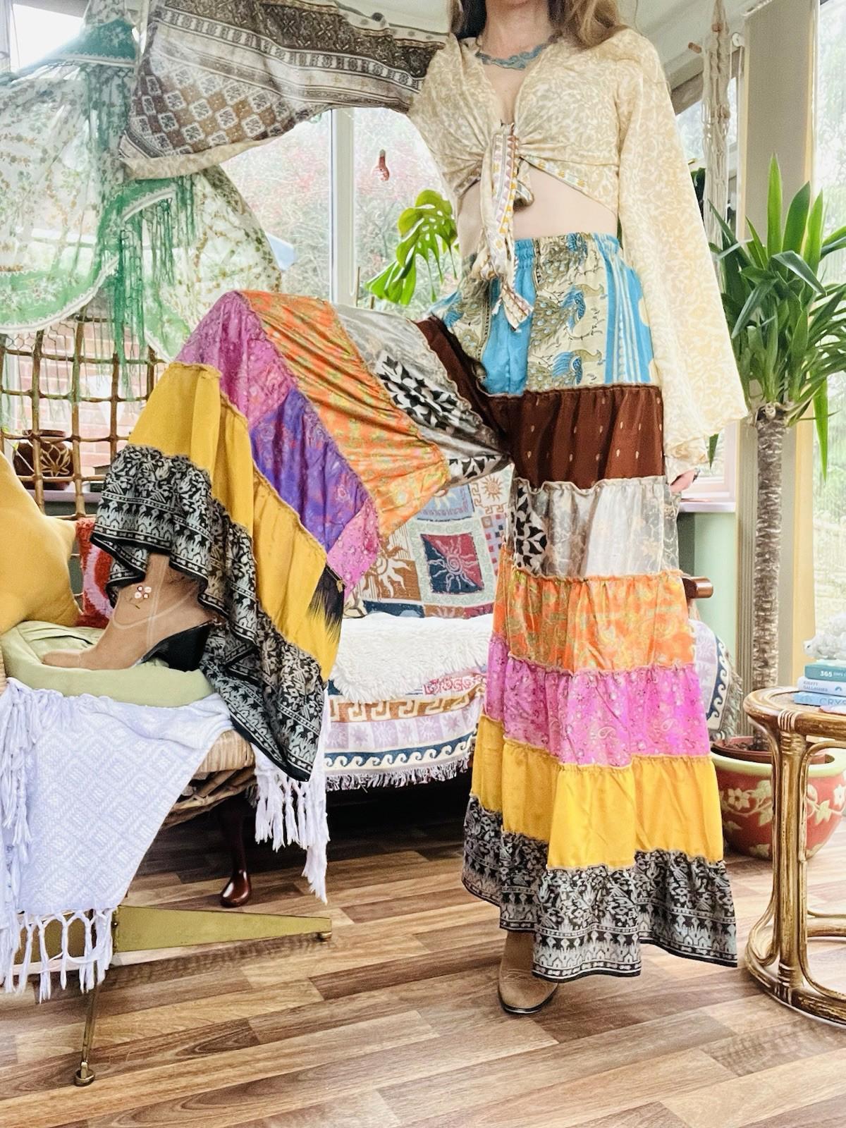 Wide Leg Trousers Vintage Patchwork Layered Sari Silk Hippie Boho Gypsy Pants M