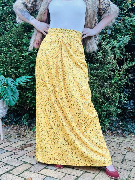 Vintage 1960s Maxi Skirt Size 10 Yellow Long Polkadot Retro 60s Skirt High Waist