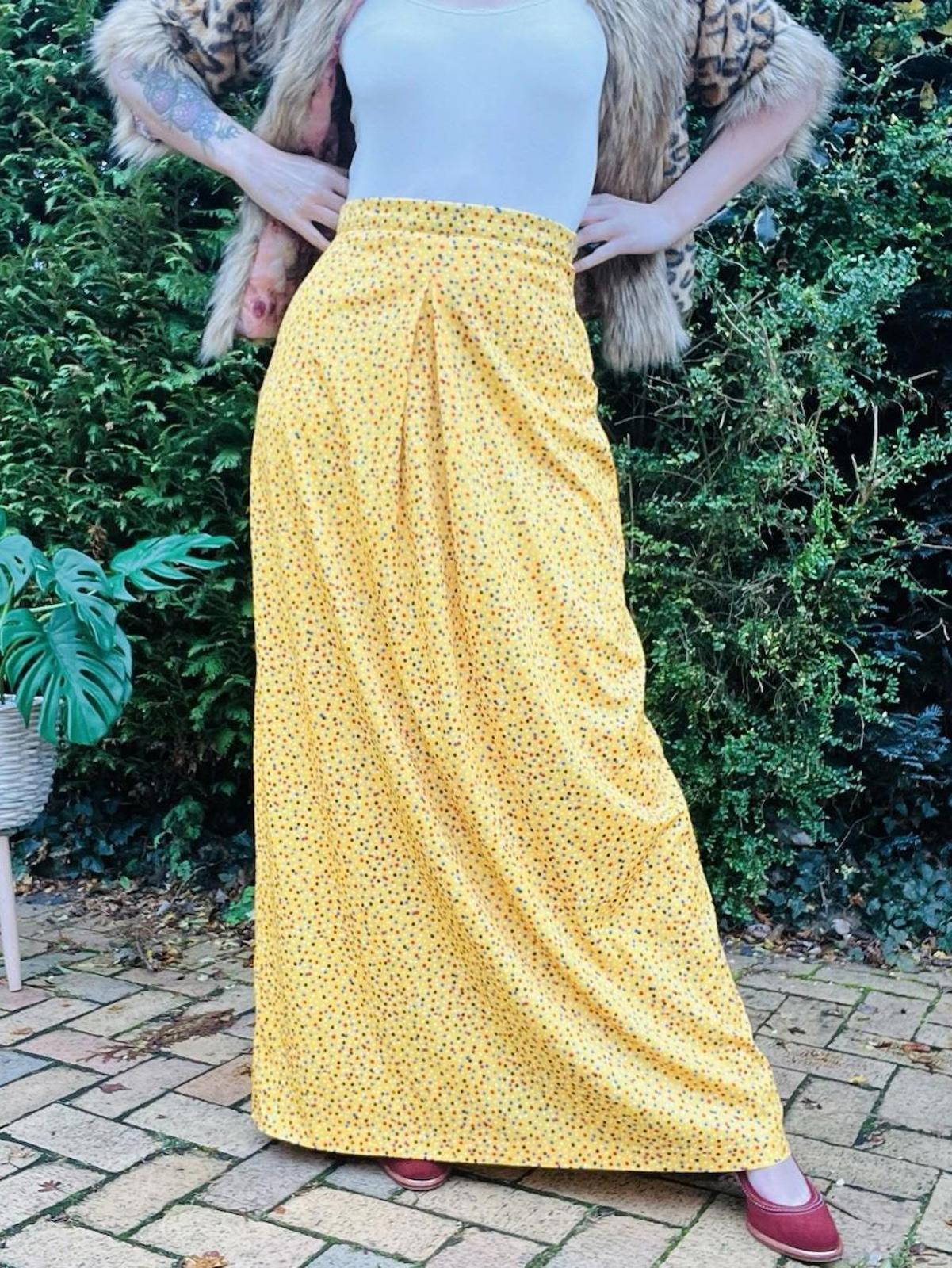 Vintage 1960s Maxi Skirt Size 10 Yellow Long Polkadot Retro 60s Skirt High Waist