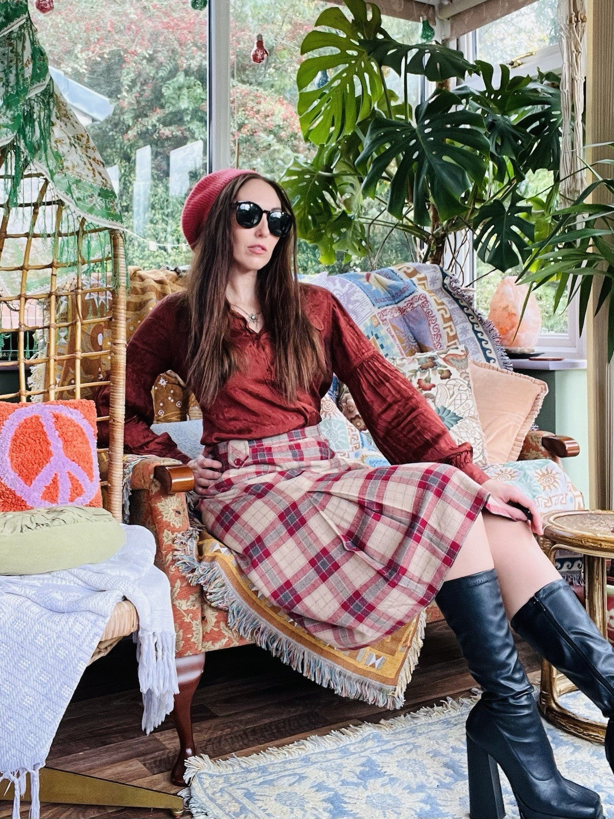 Vintage 1970s Tartan Skirt Retro Pleated Plaid Midi Skirt High Waist Size 16