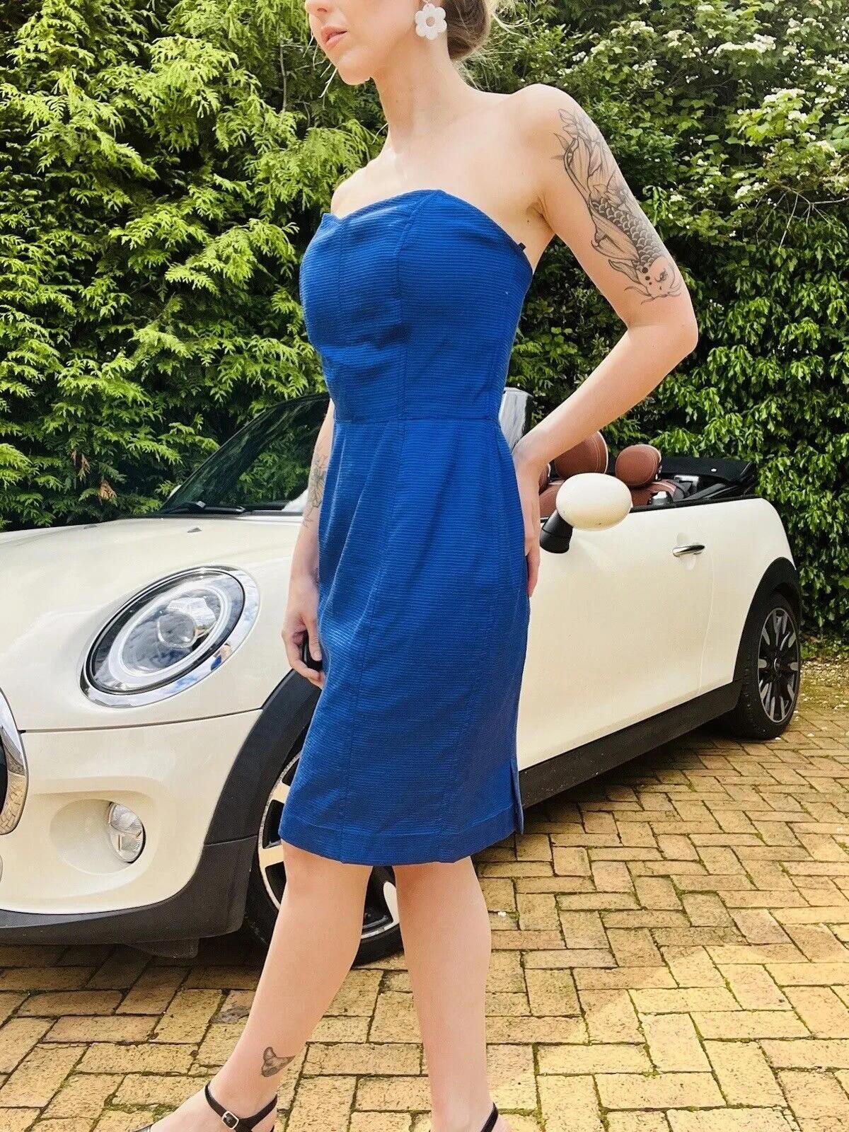 Vintage 1980s cocktail Dress Blue Size 12 fitted strapless pencil retro cocktail