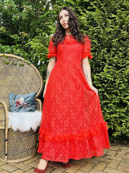 Vintage 1980s Prairie Dress, Long Floral Lace Maxi With Puff Sleeves - Red 10