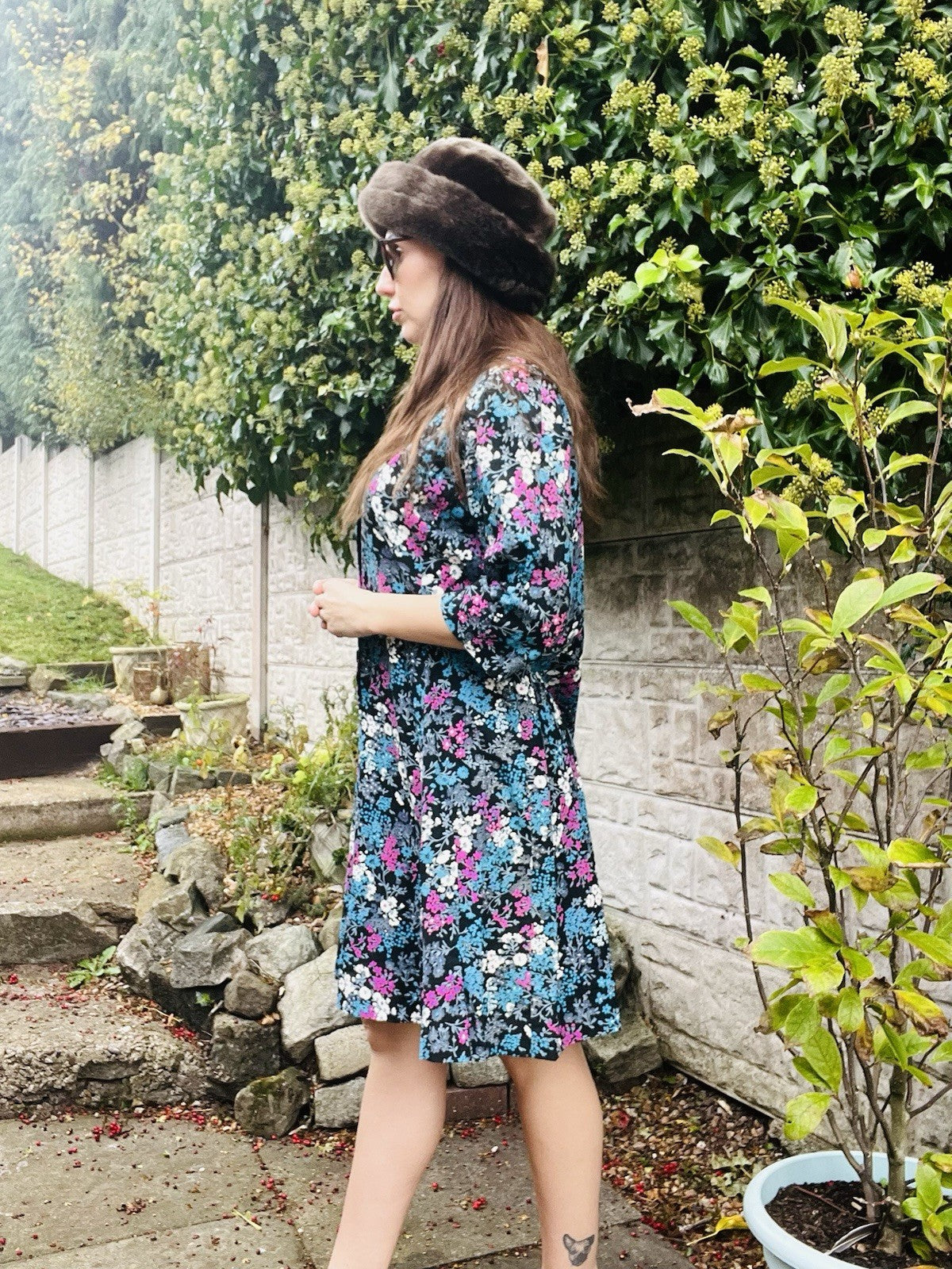 Vintgae 1960s Floral Dress Blue Size 16 Ditsy Retro Boho Casual Tea Dress