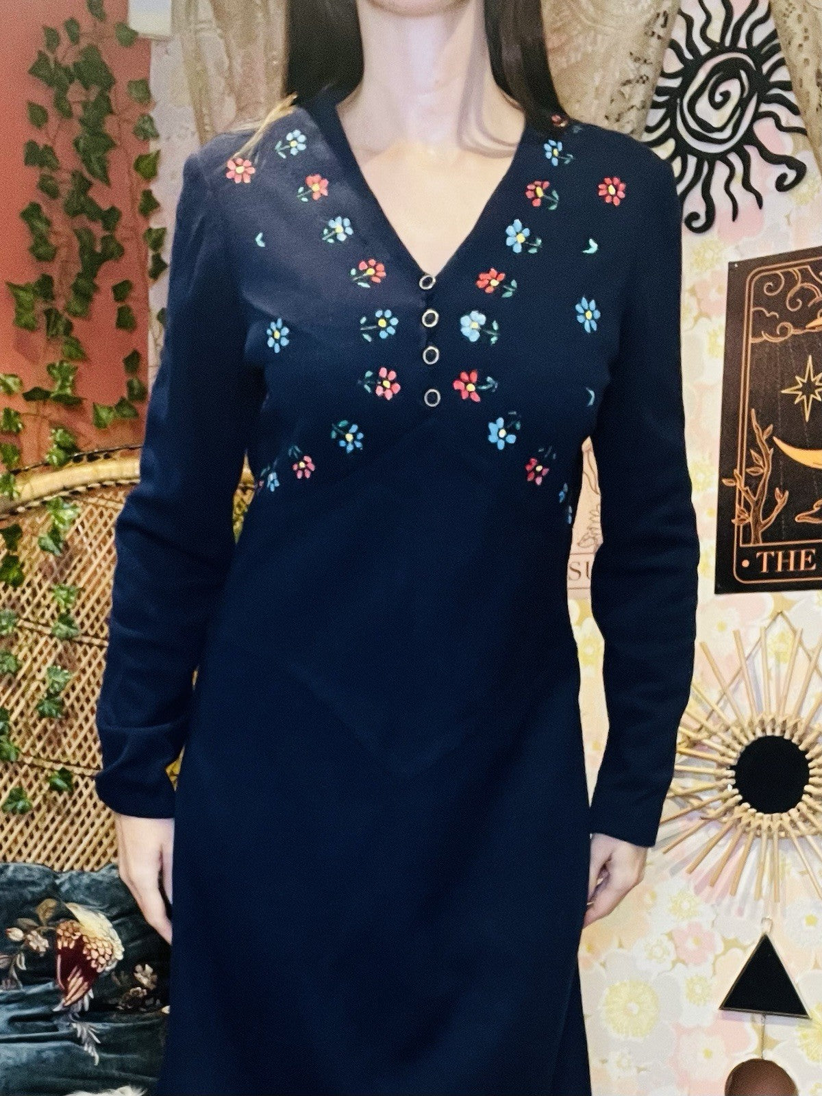 Vintage 1960s Day Dress Blue Size 14 Hippie Boho Had Painted Ditsy Floral Design