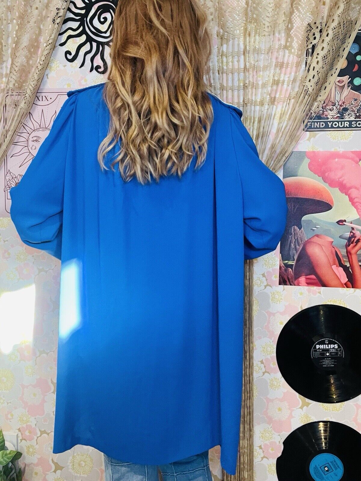 Vintage 1980s Waterfall Jacket Long Oversized Cardigan Blue Silver Trim Size L