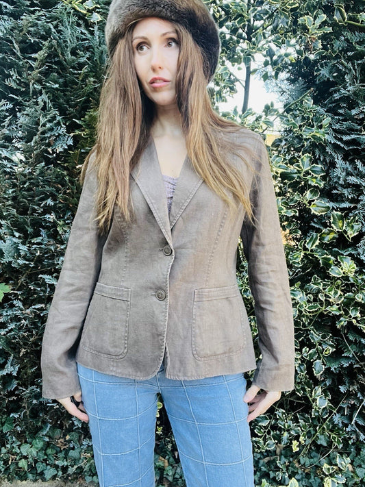 Vintage Y2K Jacket By Per Una, Lined Cotton Blazer With Pockets - Brown Size 14