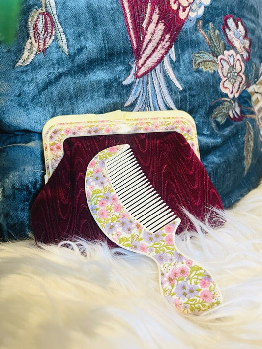Vintage 1960s Purse And Comb Set Red Velvet With Ditsy Floral Trim Fully Lined