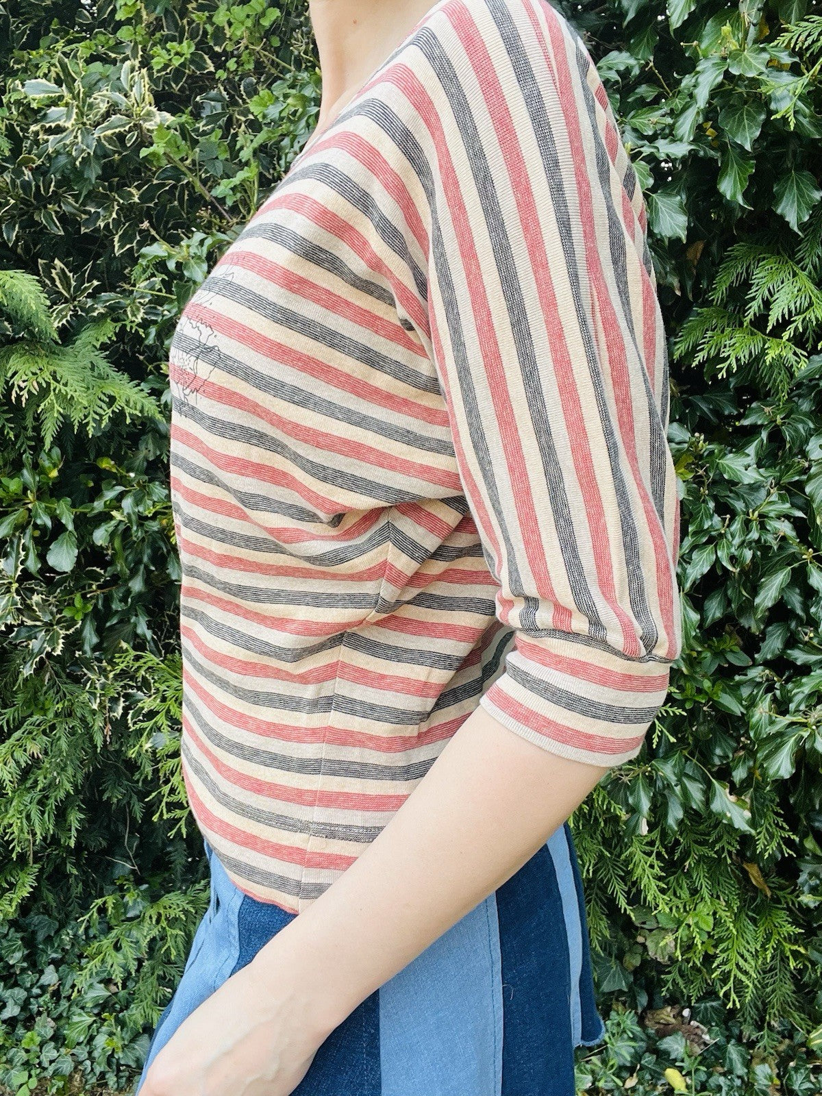 Vintage 1990s Cotton T-shirt By Jane Wikstrom Swedish Batwing Striped Top Size M