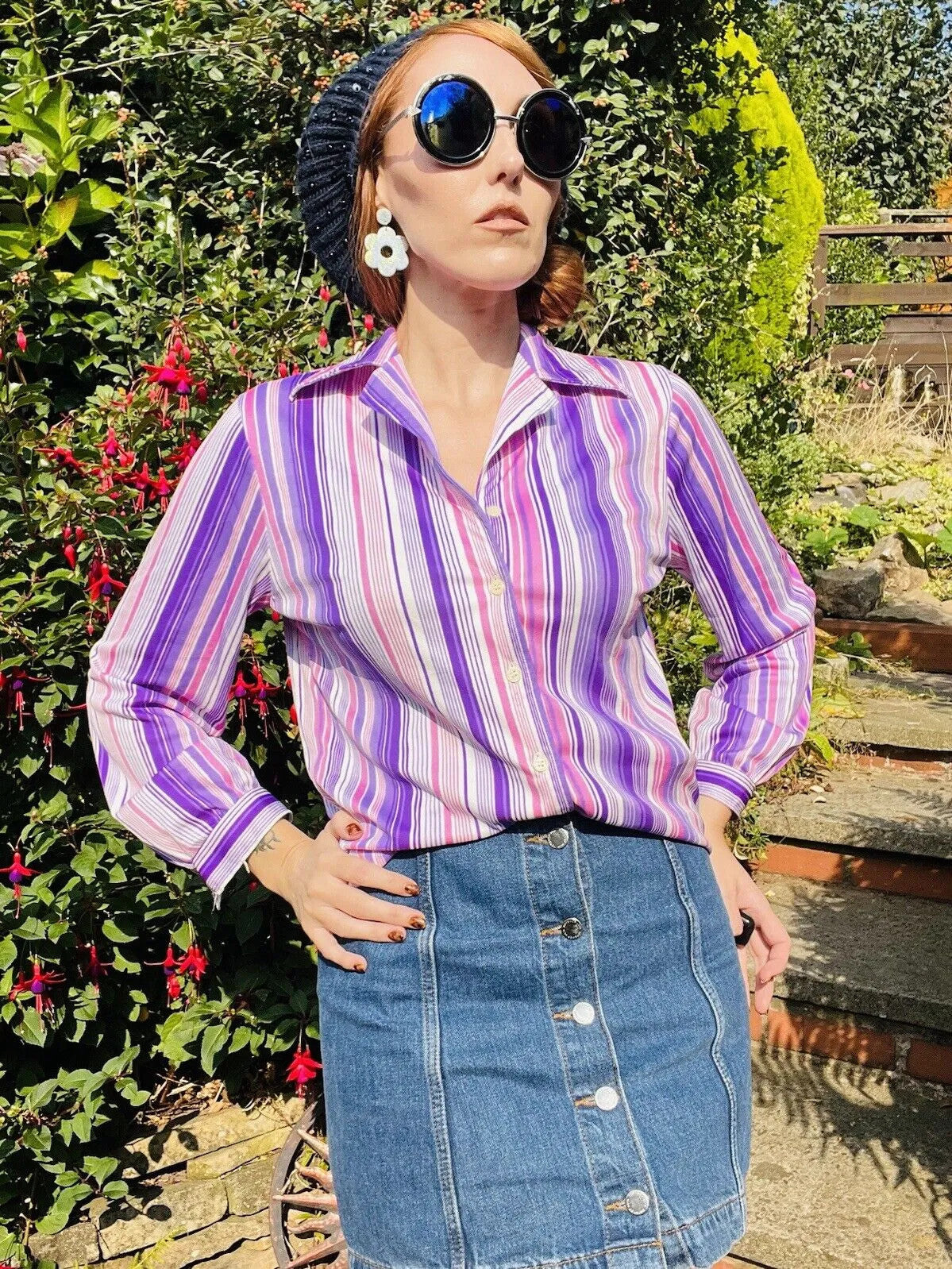 vintage striped shirt Size 12 14 Striped retro blouse 70s 80s Pink Purple