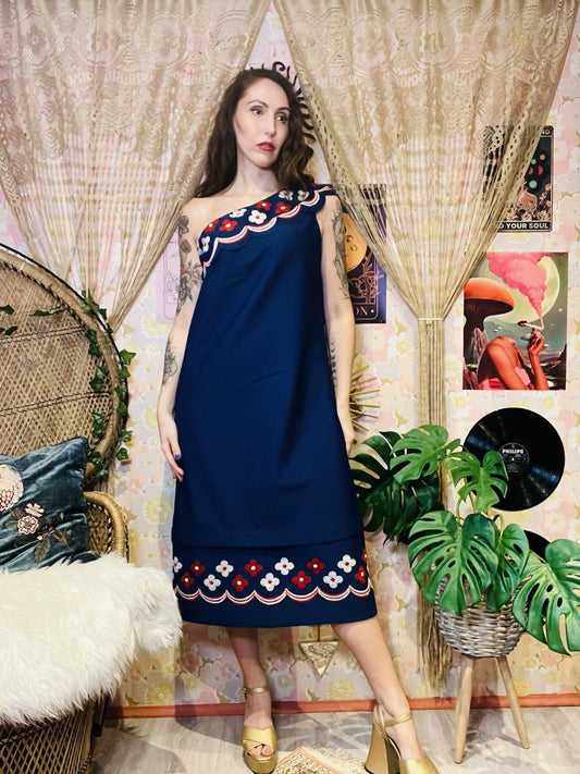 Vintage 1960s Shift Dress One Shoulder Retro Flower Scalllop Trim Blue Size 16