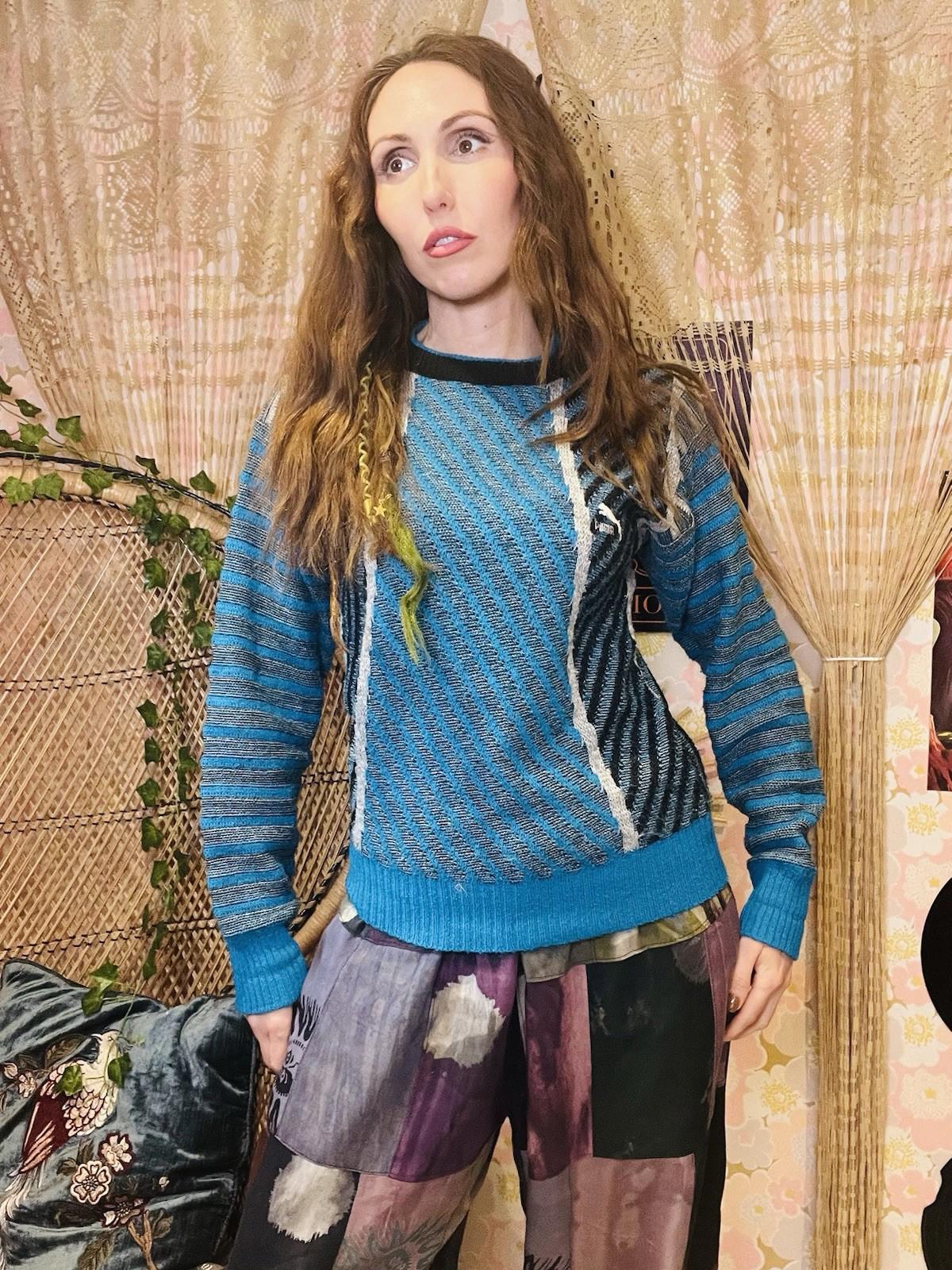 Vintage 1980s Puma Jumper Retro Sports Knit Sweater Blue Striped Size 10