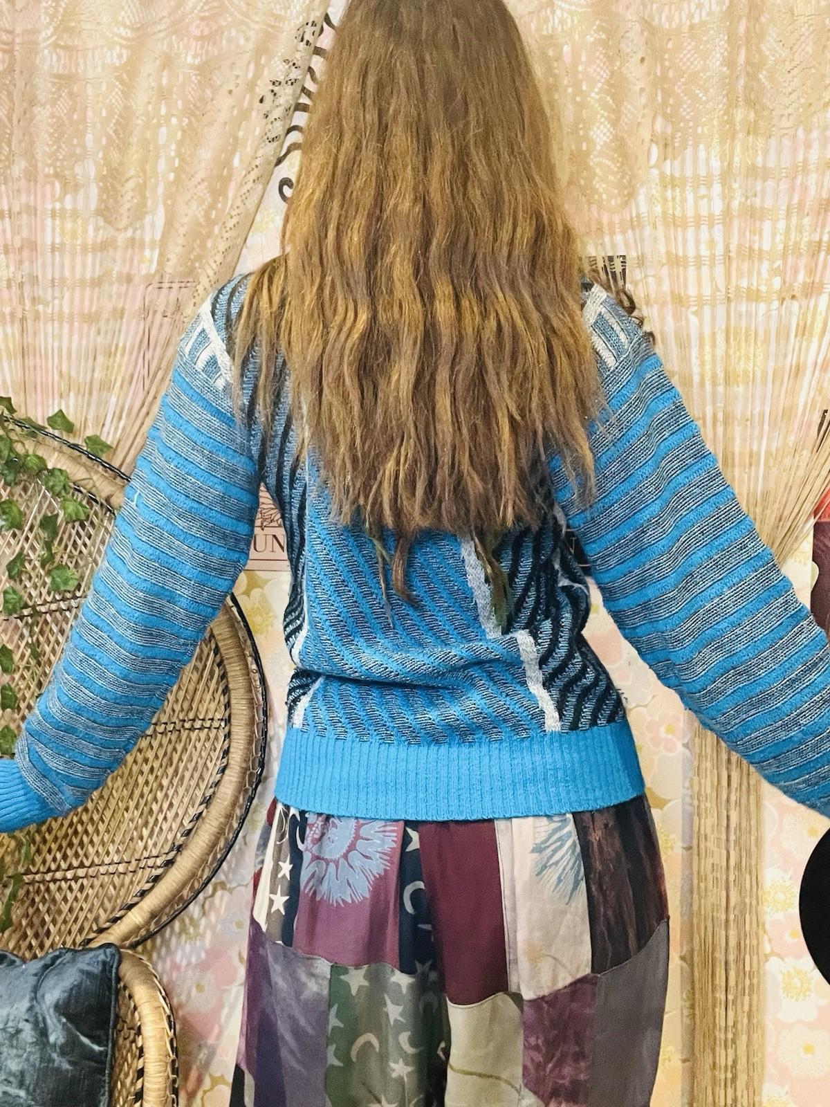 Vintage 1980s Puma Jumper Retro Sports Knit Sweater Blue Striped Size 10