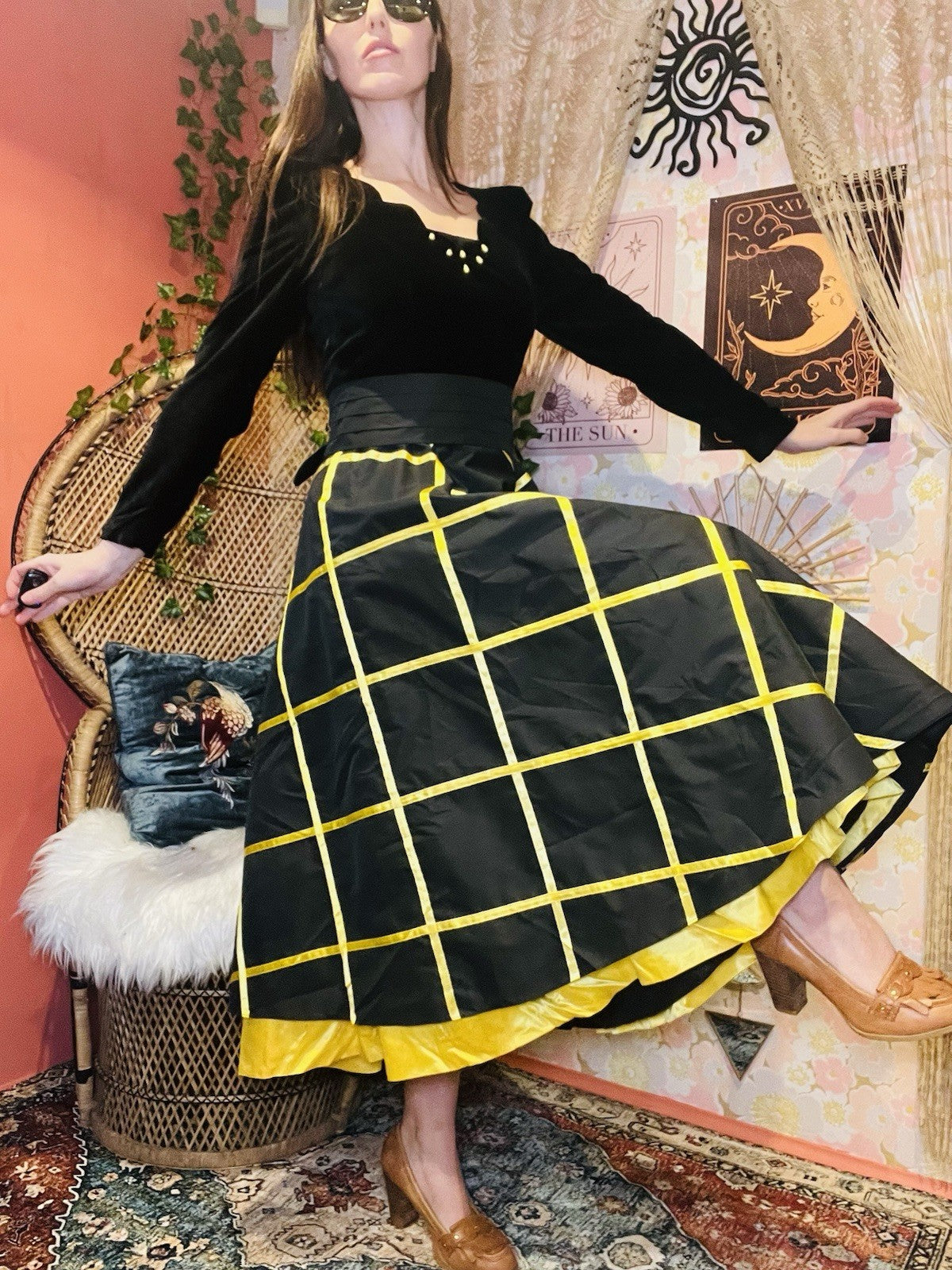 Vintage 80s Cocktail Dress Size 8 Black Velvet Bodice And Yellow Puffy Skirt