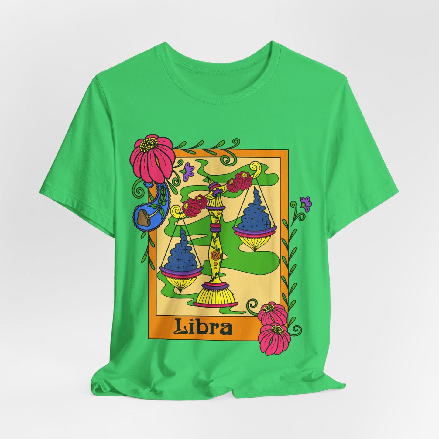 Libra star sign T-Shirt, scales zodiac astrology top, Horoscope birthday gift Tee, Bold retro colourful Design tshirt