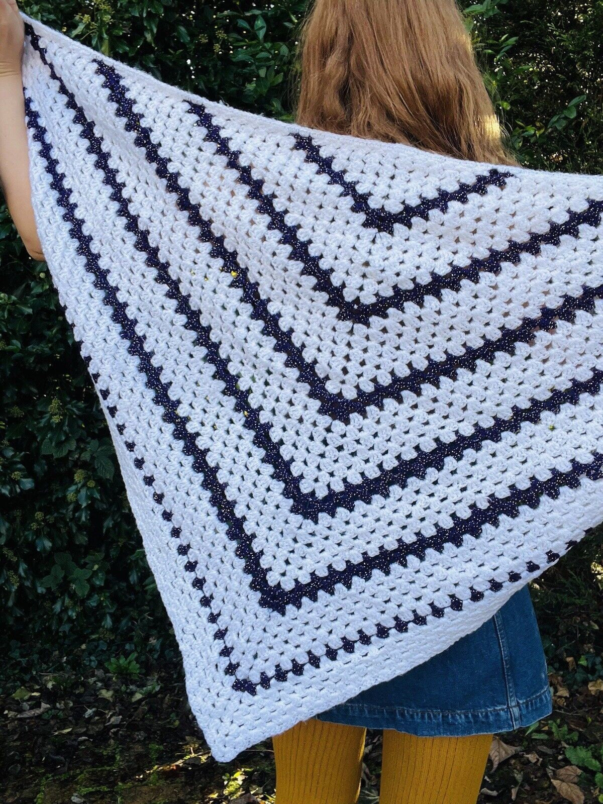 Vintage Knit Crochet Shawl Hippie Boho Triangle Wrap Cape Cottage Whimsy Scarf