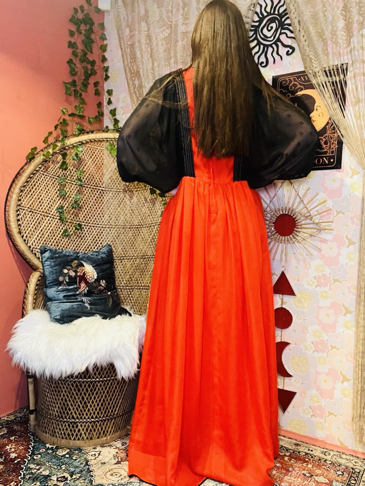 Vintage 1980s Maxi Dress Red Size 14 Long With Retro Batwing Sleeves