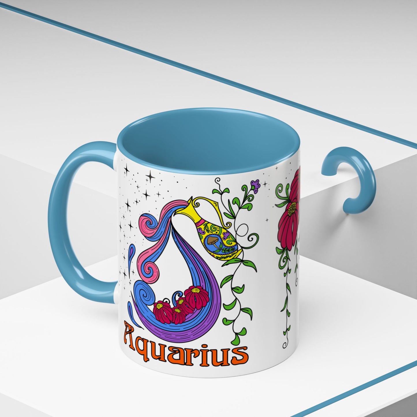 Aquarius star sign mug, water pale zodiac astrology coffee cup, Horoscope birthday gift mug, Bold retro colourful Design ceramic mug