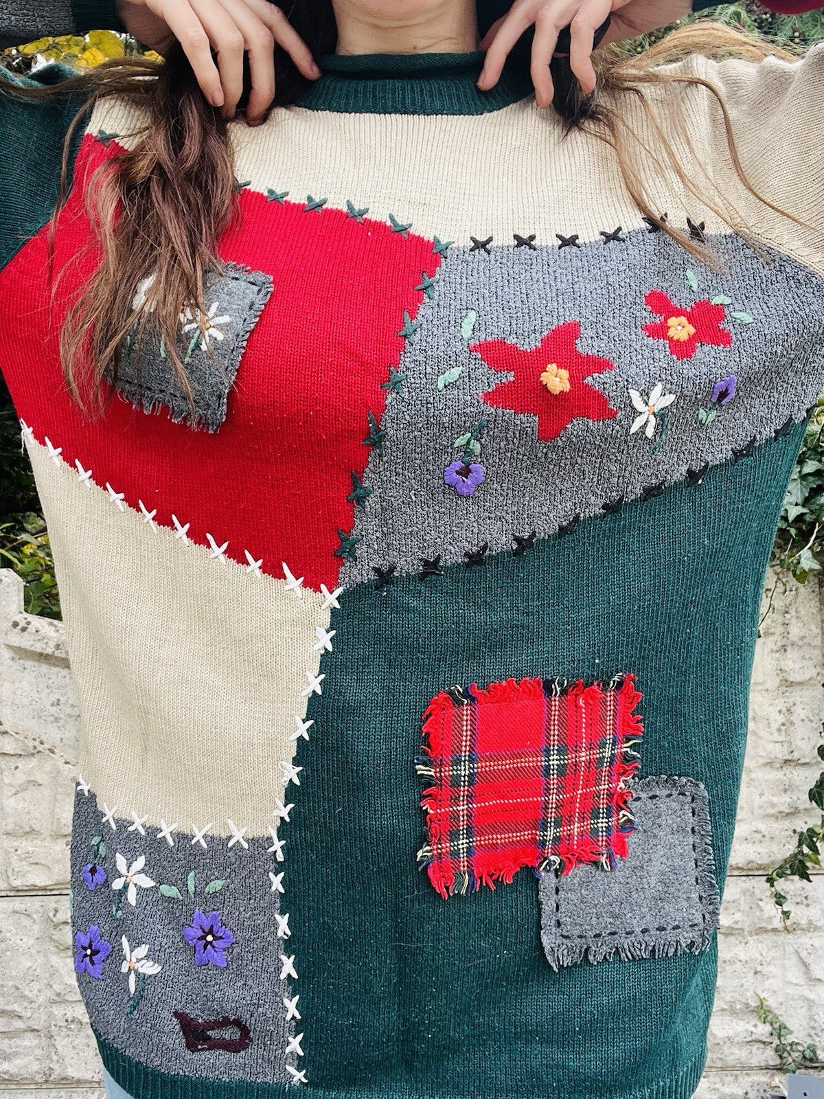 Vintage 90s Knit Jumper By Fabrizio Patchwork Cottagecore Whimsy Sweater Size 10