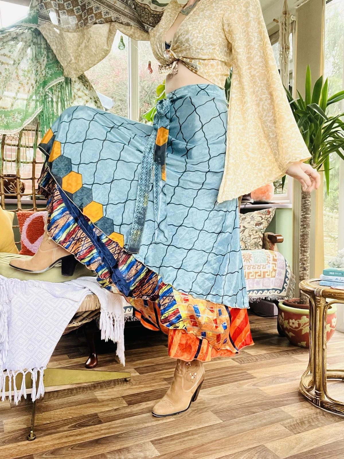Layered Hippie Maxi Skirt Vintage Sari Silk Hippie Boho Long Gypsy Wrap Skirt