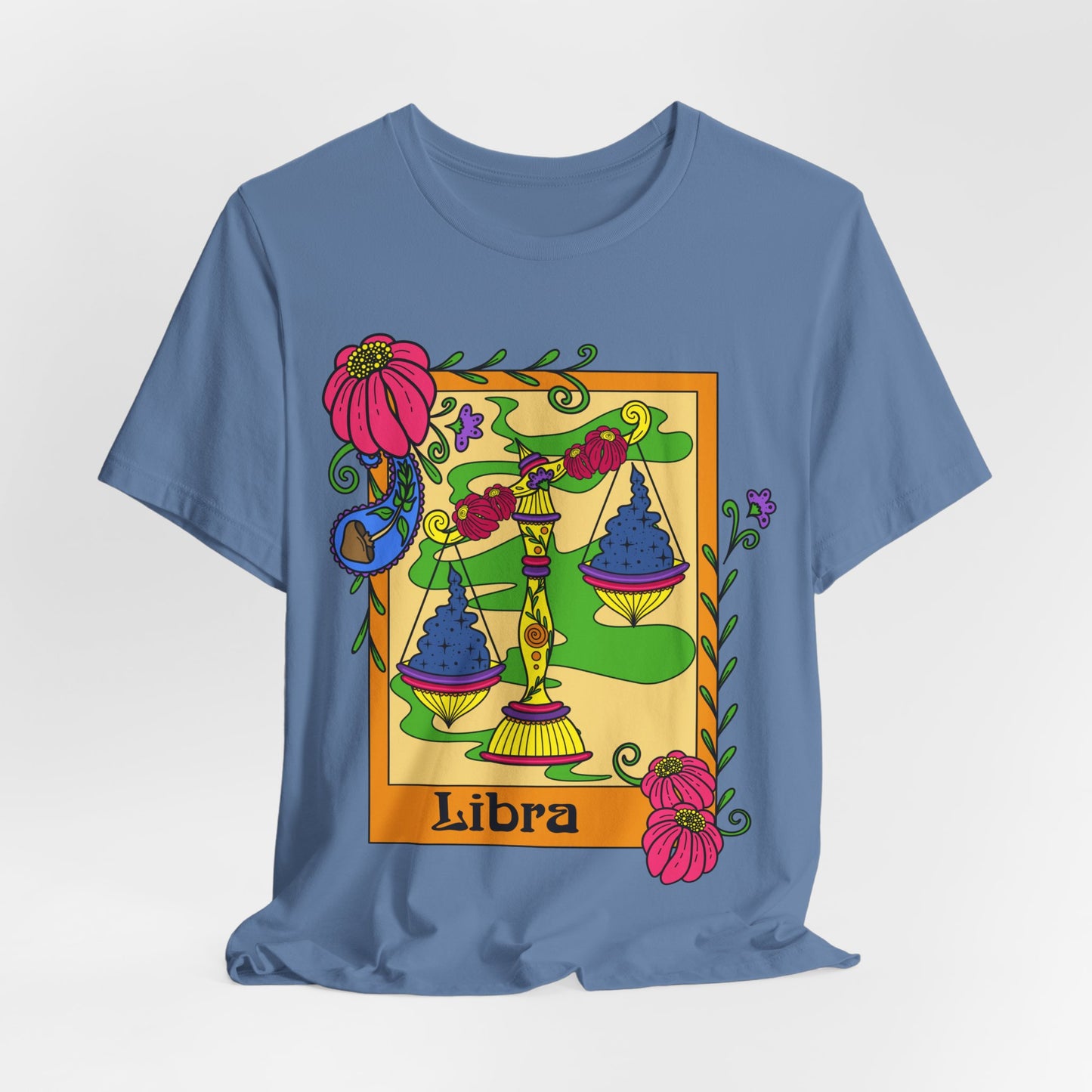 Libra star sign T-Shirt, scales zodiac astrology top, Horoscope birthday gift Tee, Bold retro colourful Design tshirt