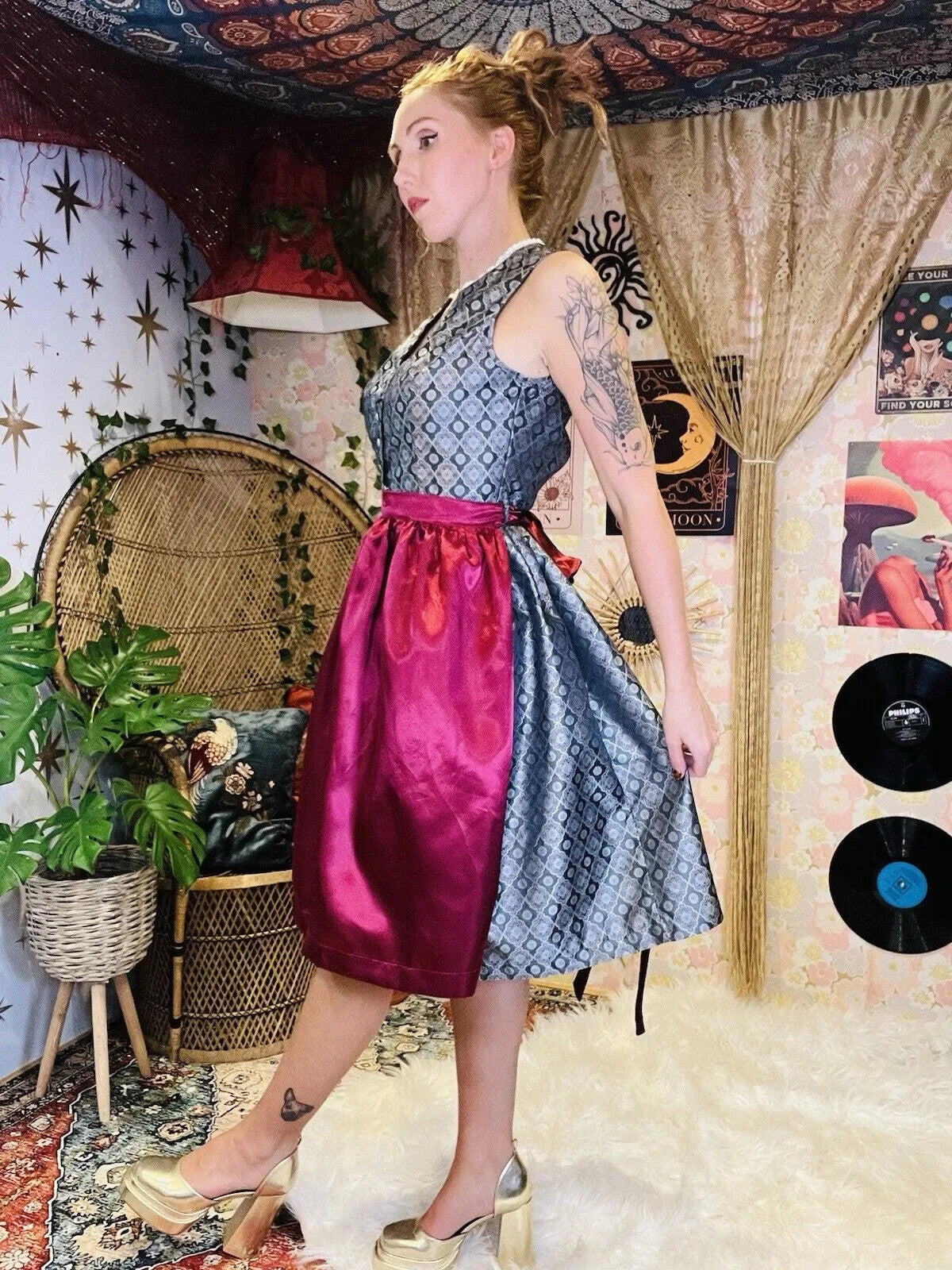 Austrian Dirndl Dress S 10 By Ramona Lippert Pink  Sliver Grey 2 Piece Costume