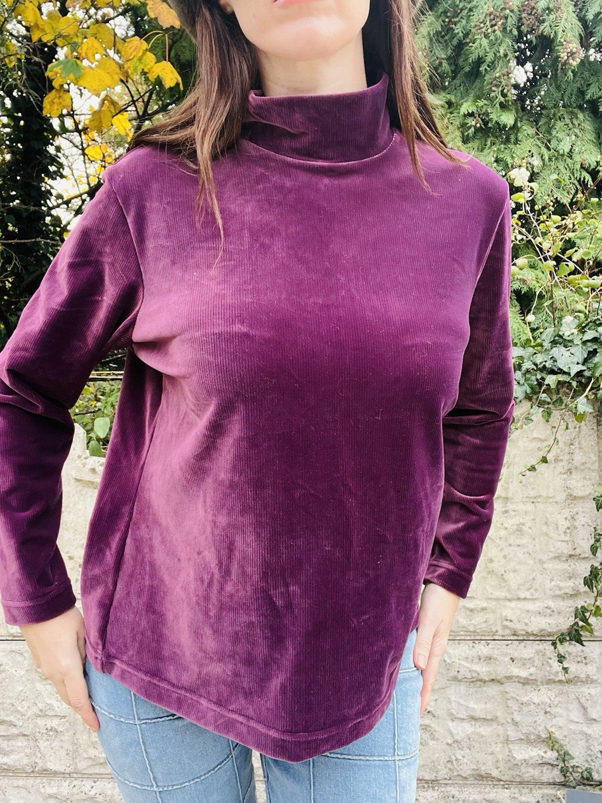 Vintage 1980s Velvet Top Purple Size 18 By Berkertex, Turtle Neck Ribbed Jumper